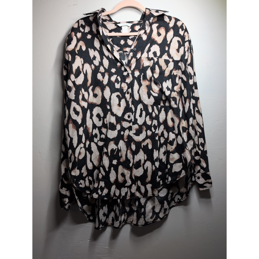 H&M 100% Linen Leopard Print Button Down Shirt Size Small Oversized